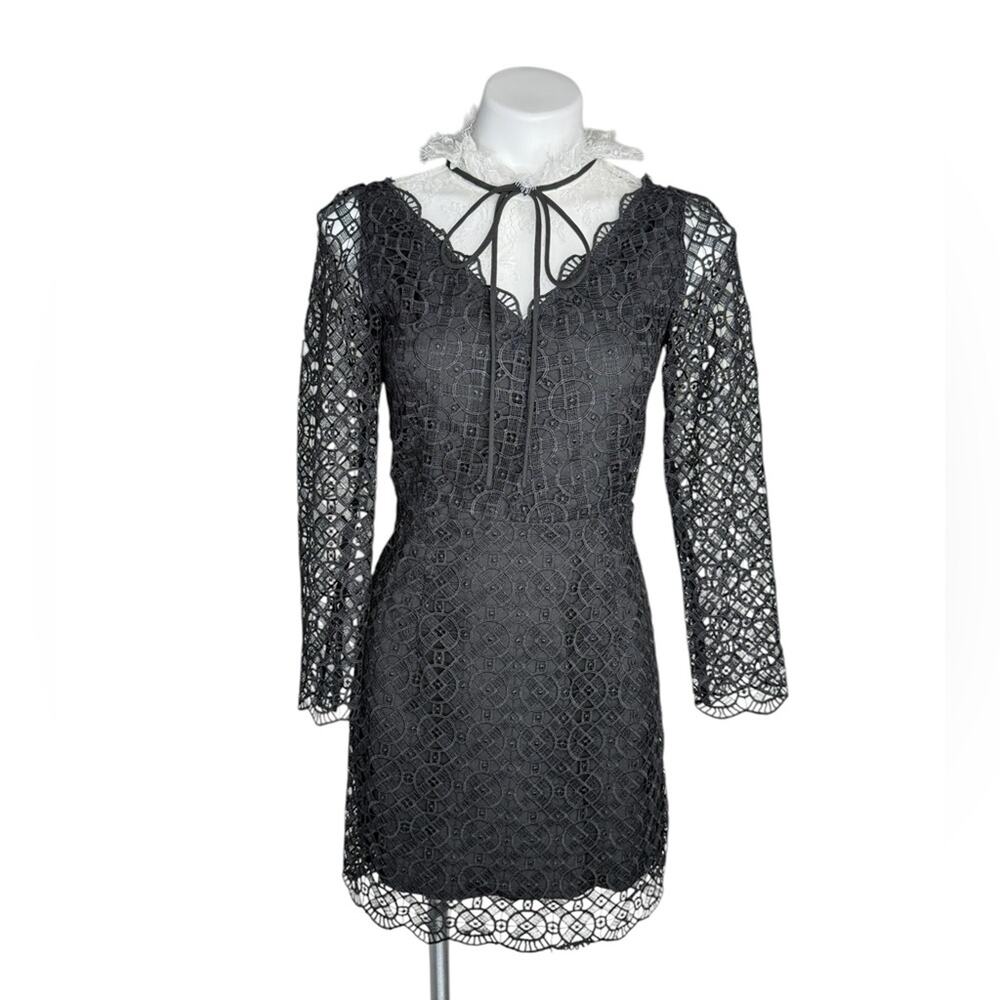 Sandro Christina black lace mini dress white collar tie neck size 38 NWT
